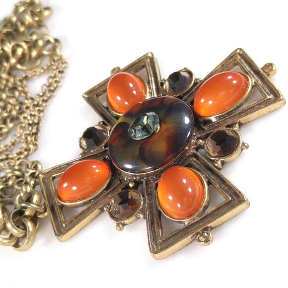Chico's Maltese Cross Pendant Necklace, Orange Cabochons, Rhinestone, 35" Chain - Picture 8 of 11